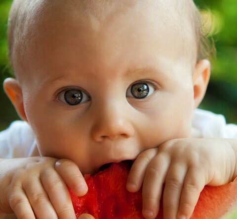 Bebê branco de olhos acinzentados comendo melancia com as mãos na fruta