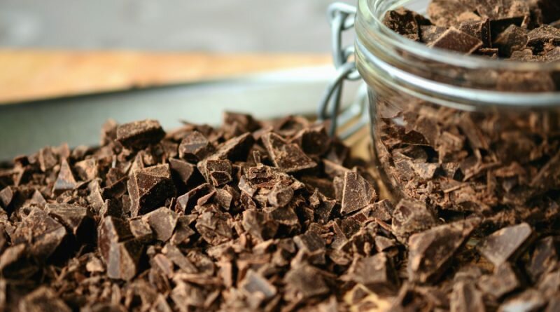 Chocolate picado dentro e fora de um pote